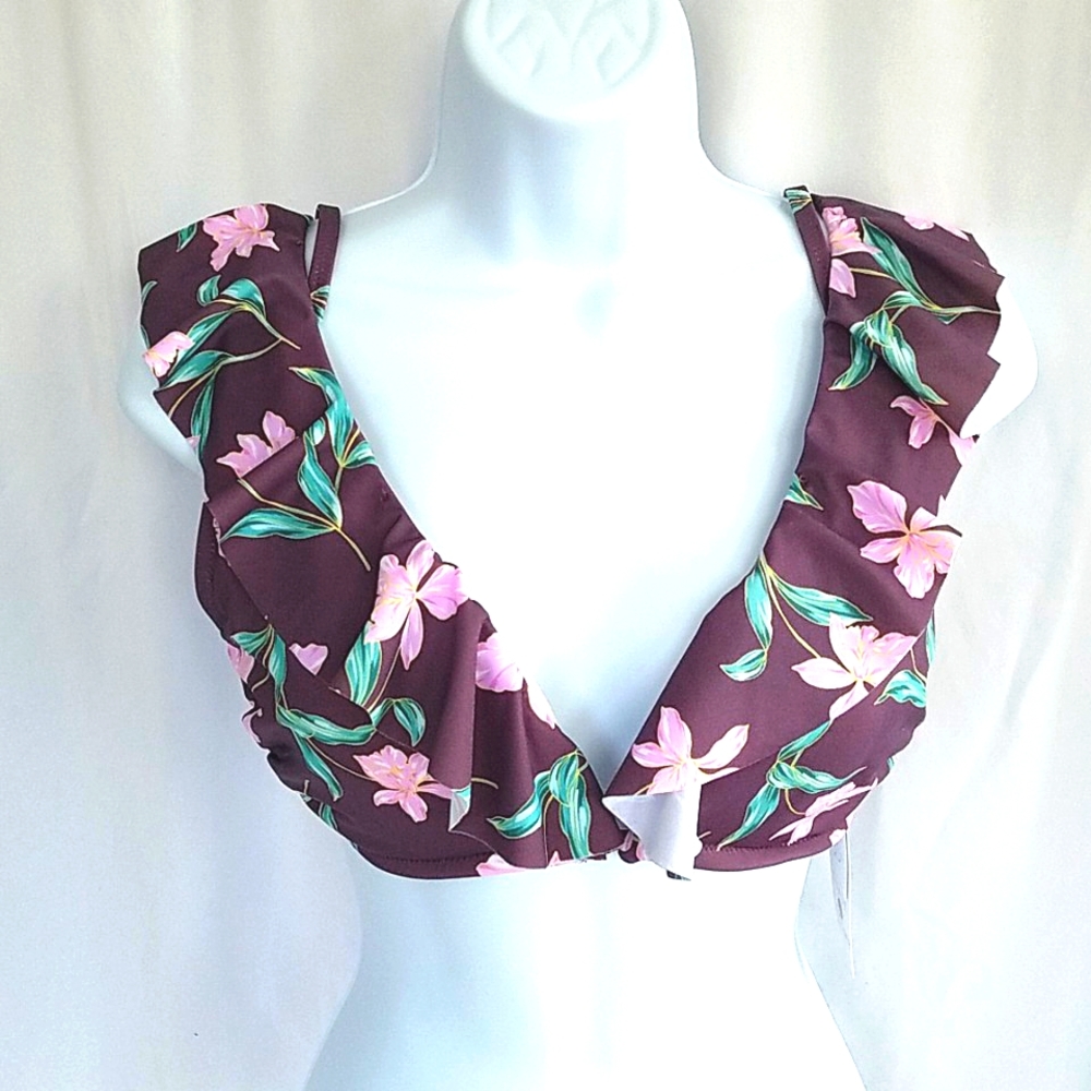 Shade & Shore Lightly Lined Ruffle Bikini Top Floral Purple Dusk Size 34D
